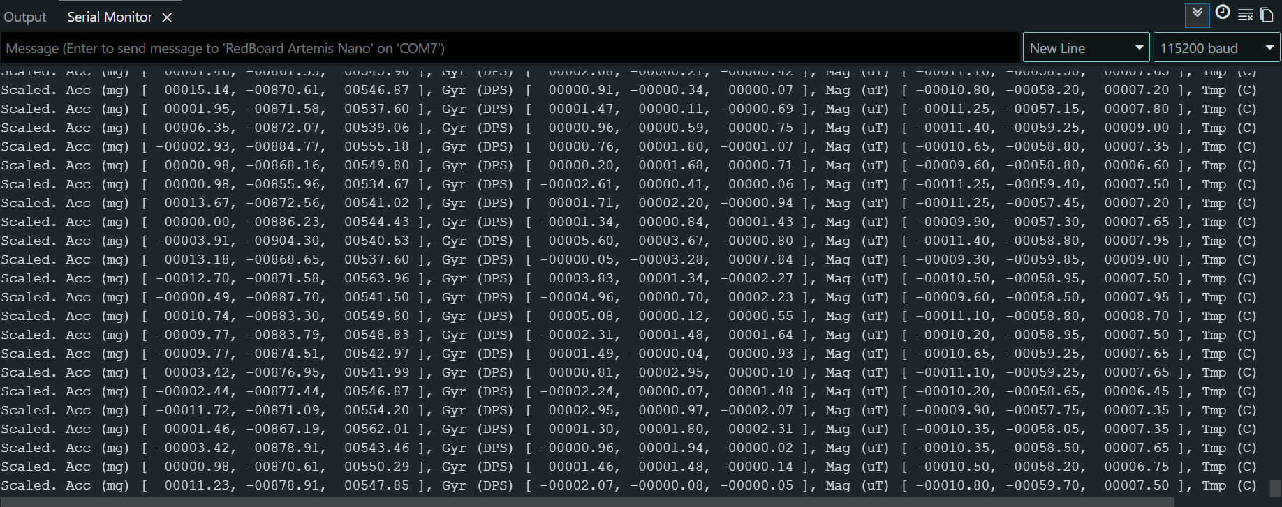 Output of Running Example IMU Code